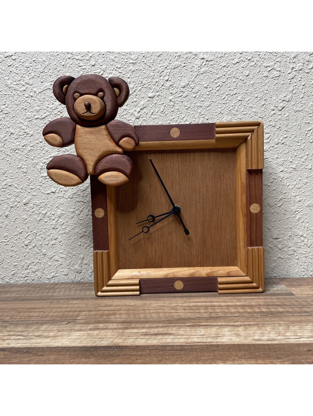 Vintage Handmade Wooden Teddy Bear Clock Working